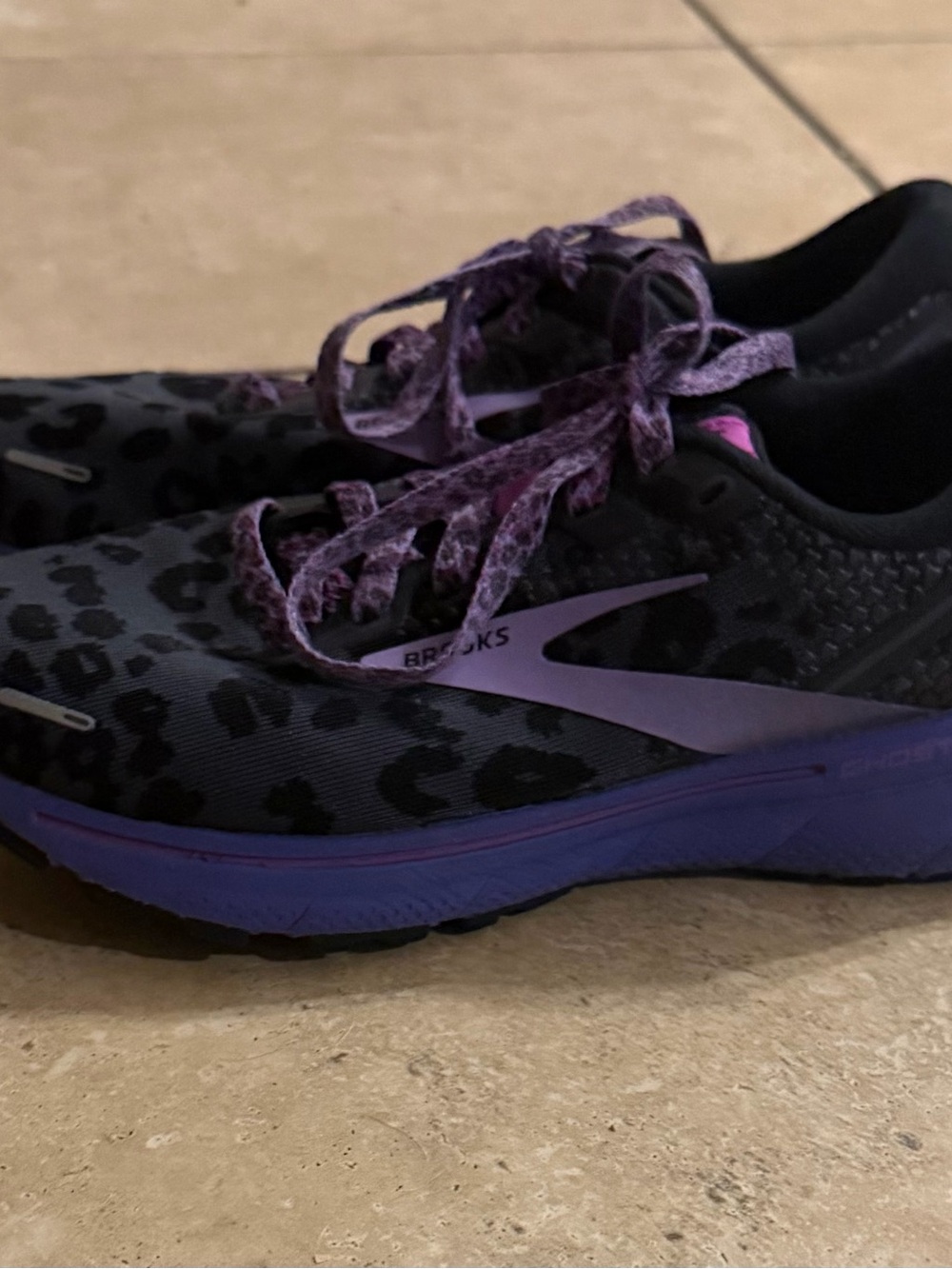Brooks Women’s Black with Purple Accents Leopard-Print Running Shoes
